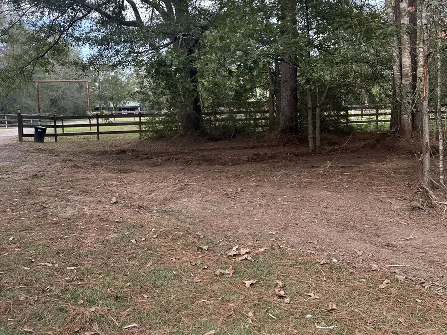 Brush cleared from under the trees up to a board fence, fence line clearing
