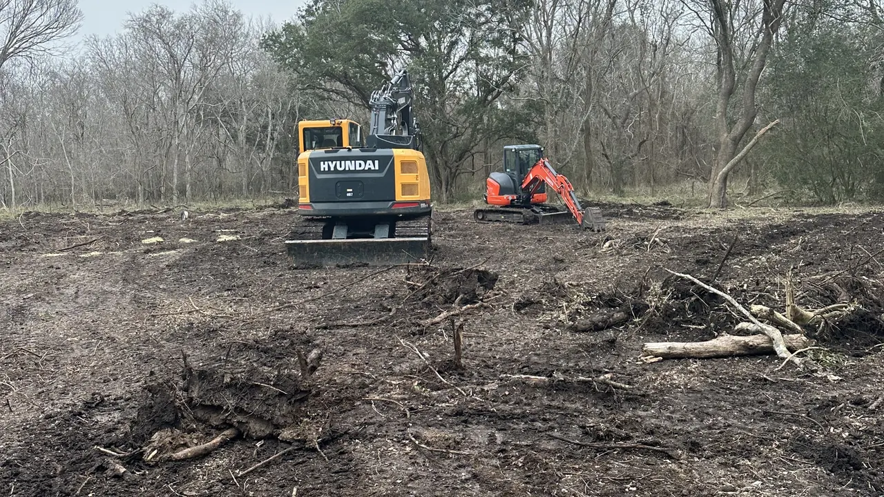 Excavator and mini excavator on a freshly cleared lot with roots and brush, land clearing